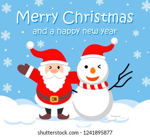 Santa Claus & snowman. merry christmas and a happy new year.Holiday greeting card. Isolated vector illustration.