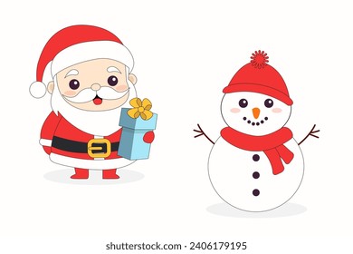 Santa Claus and Snowman. Merry Christmas icon set. Cute cartoon kawaii funny smiling baby character. Hands up. Gift box present with bow. Greeting card. Flat design. White background. Isolated. Vector