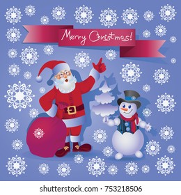 Santa Claus and the Snowman. Merry Christmas! Design for a banner, poster, cards with cartoon characters and a ribbon with an inscription.