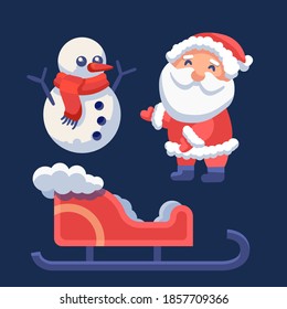 Santa Claus with snowman on navy blue backdrop. Christmas holiday postcard for invitation or gift card, notebook, bath tile, scrapbook. Phone case or cloth print. Flat style stock vector illustration