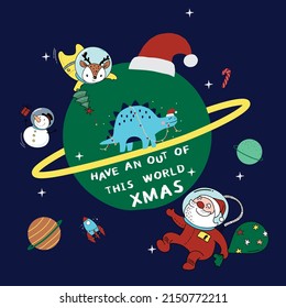 SANTA CLAUS AND SNOWMAN ON PLANET SPACE CELEBRATING CHRISTMAS ARTWORK 