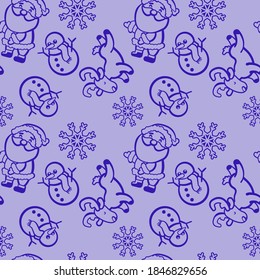 Santa Claus, snowman on purple backdrop. Christmas seamless pattern for wallpaper, wrap paper, sleeper, bath tile, apparel or bed linen. Phone case or cloth print Flat style stock vector illustration