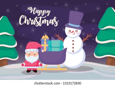 santa claus with snowman on winter landscape vector illustration design