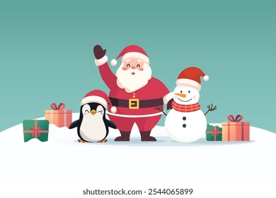 Santa claus with snowman and penguin in snow field with christmas trees. Cute cartoon. Vector illustration