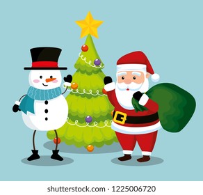santa claus with snowman and pine tree