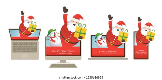 Santa Claus and Snowman Popping Out from Computer Smartphone Device, Online Shopping Concept, Merry Christmas and Happy New Year