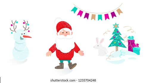 Santa Claus, snowman, rabbit, Christmas tree and gifts