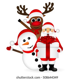 Santa Claus With Snowman And Reindeer Cartoon With A Gift