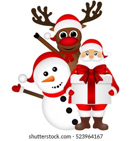 Santa Claus with snowman and reindeer cartoon with a gift vector