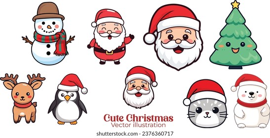 Santa Claus, Snowman, Reindeer, Cat, Polar Bear, Tree, Penguin: Cute Funny Christmas Set Collection. Vector Illustration for Kids Christmas Party