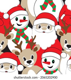 Santa Claus, Snowman and reindeer christmas seamless pattern.