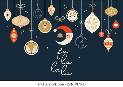 Santa Claus, snowman, reindeer and Christmas tree in snow globes hanging on dark background