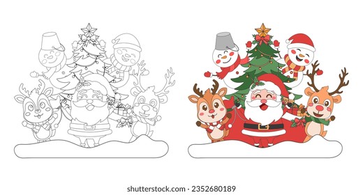 Santa Claus, snowman and reindeer with Christmas tree, Christmas theme line art doodle cartoon illustration, Coloring book for kids, Merry Christmas.