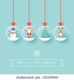 Santa Claus, Snowman, Reindeer And Christmas Tree In Snow Globes Hanging On Dark Background.