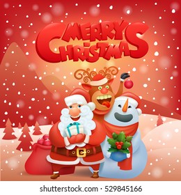 Santa claus snowman reindeer christmas landscape vector illustration