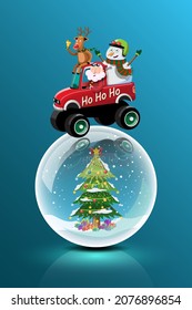 Santa Claus, snowman and reindeer drives a truck to deliver Christmas presents to children around the world. Merry Christmas cutout element for Holiday cards, invitations and website celebration