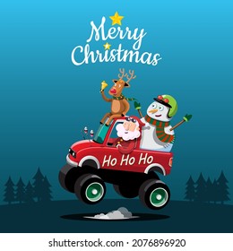 Santa Claus, snowman and reindeer drives a motorcycle to deliver Christmas presents to children around the world. Merry Christmas cutout element for Holiday cards, invitations and website celebration