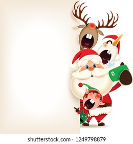 Santa Claus, Snowman, Reindeer and Elf taking selfie next to empty signboard isolated on a white background