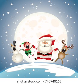 Santa Claus, Snowman, Reindeer and Elf jumping and singing Christmas carol on the north pole. Vector illustration.