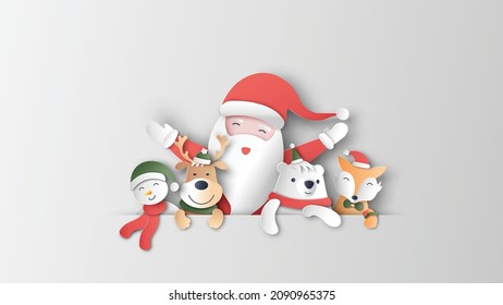 Santa Claus with snowman, reindeer, fox and polar bear are happy in Christmas. Merry Christmas. paper cut and craft design. vector, illustration.