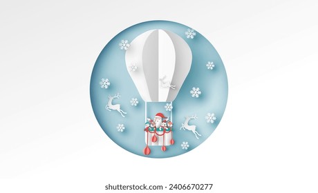 Santa Claus with snowman, reindeer, fox and polar bear flying in hot air balloon on Christmas. Merry Christmas. paper cut and craft design. vector, illustration. 
