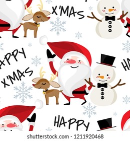 Santa Claus with snowman, reindeer and Happy X'mas text seamless pattern on white background with snowflakes. Cute Christmas holidays season cartoon character. Vector illustration.