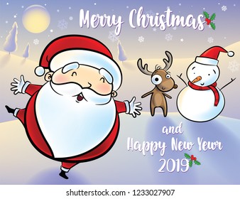 santa claus snowman and reindeer happy am in the snow