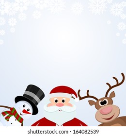 Santa Claus, snowman and reindeer on a snowy background