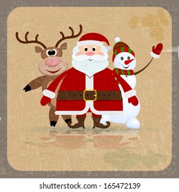 Santa Claus, snowman and reindeer on a retro background