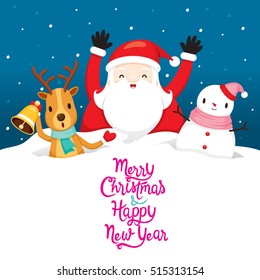 Santa Claus, Snowman And Reindeer On Snowdrift, Merry Christmas, Xmas, Happy New Year, Objects, Animals, Festive, Celebrations