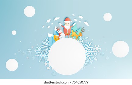 Santa claus, snowman and reindeer in paper art style with snow and snowflake background vector illustration