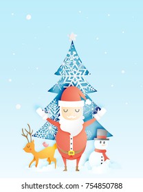 Santa claus, snowman and reindeer in paper art style with snow and snowflake background vector illustration