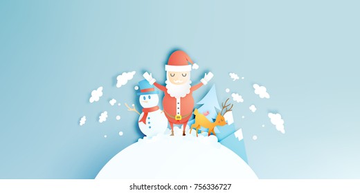 Santa claus, snowman and reindeer in paper art style with snow and snowflake background vector illustration