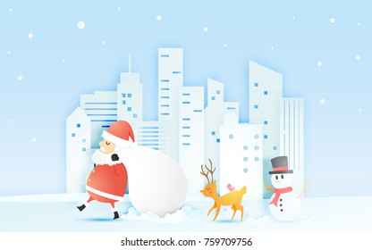 Santa claus, snowman and reindeer in paper art style with snow and snowflake city background vector illustration