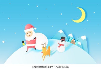 Santa claus, snowman and reindeer in paper art style with snow and snowflake background vector illustration
