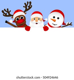Santa Claus with snowman and reindeer peeking out from behind a 