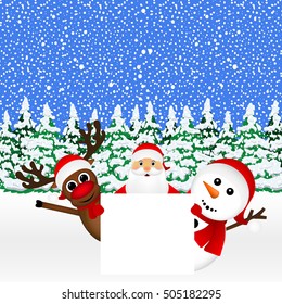 Santa Claus with snowman and reindeer peeking