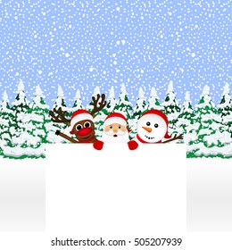 Santa Claus with snowman and reindeer peeking out from behind a large white poster in the forest