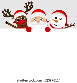 Santa Claus with snowman and reindeer peeking out from behind a 