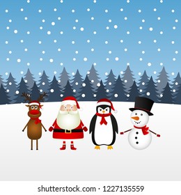 Santa claus with snowman, reindeer and penguin in the winter forest in snowfall