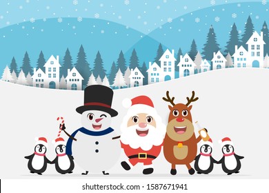 Santa claus and snowman, reindeer, penguin on winter