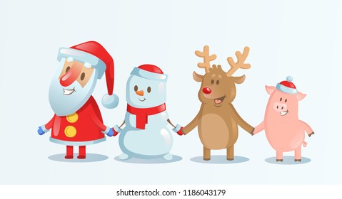 Santa Claus, Snowman, Reindeer and Piggy holding, hands in Christmas snow scene. Happy Christmas companions. Colorful flat vector illustration. Hoizontal.