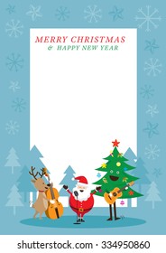 Santa Claus, Snowman, Reindeer, Playing Music Frame, Characters, Merry Christmas and Happy New year