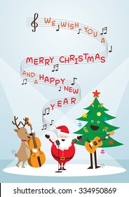 Santa Claus, Snowman, Reindeer, Playing Music, Sing a Song, Characters, Merry Christmas and Happy New year