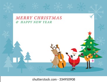 Santa Claus, Snowman, Reindeer, Playing Music Frame, Characters, Merry Christmas and Happy New year