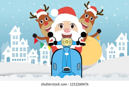 Santa Claus, Snowman with Reindeer ride motorcycle. Christmas snow scene. Winter landscape. flat design