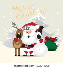 Santa Claus, snowman and reindeer singing a Christmas carol.Vector illustration.