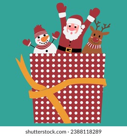 santa claus snowman and reindeer surprise on big gift box, christman cartoon, doodle, vector