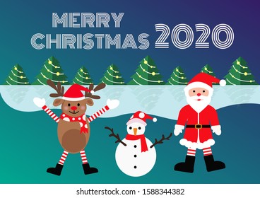 Santa Claus, Snowman and reindeer, They are happy celebrating in the Christmas Day, The Christmas decorated with many lights, Greeting Card of Christmas, cartoon illustration and blue background.