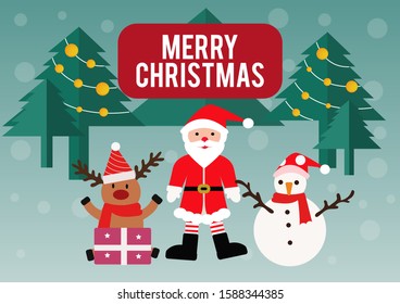 Santa Claus, Snowman and reindeer, They are happy celebrating in the Christmas Day, The Christmas decorated with many lights, Greeting Card of Christmas, cartoon illustration and blue background.